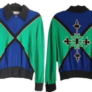 Vintage St John Zip Cardigan S Sweater Gold Emblem Beaded Green Blue Black small